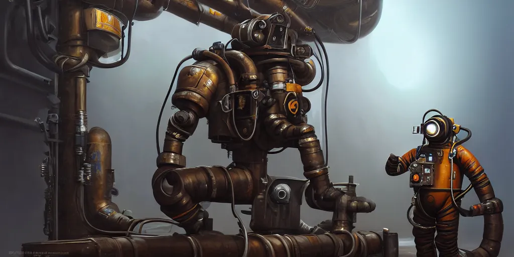 Image similar to highly detailed portrait painting of welder in atmospheric diving suit, mono eyed, by eddie mendoza and tyler edlin, windows, 8 k resolution