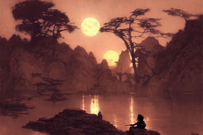 Image similar to wuxia, moon, river, night, painting by gaston bussiere, craig mullins, j. c. leyendecker