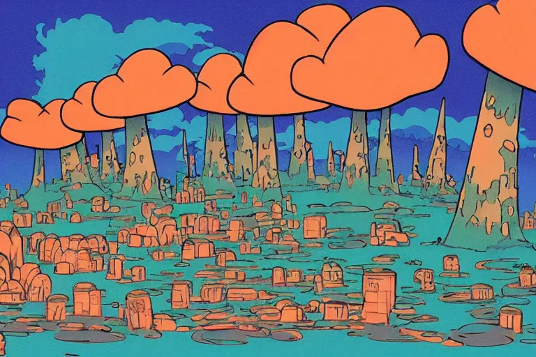 Image similar to mushroom cloud ghost city in the style of studio ghibli, miyazaki, jim woodring, edvard munch