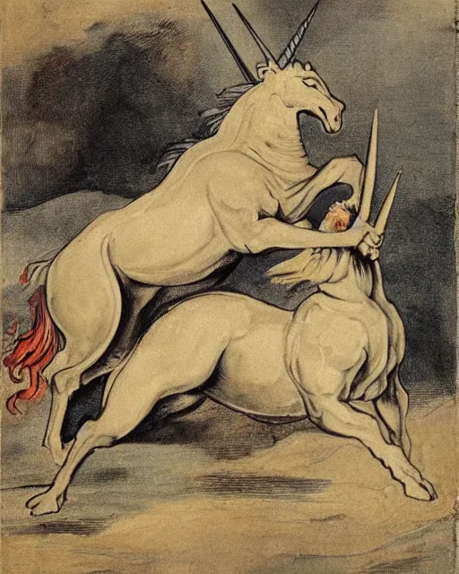 Image similar to a portrait of a unicorn fighting a dragon in the style of Goya