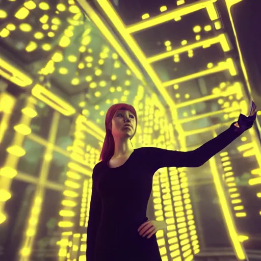 Image similar to chromatic cyborg female discovering her own consciousness in a mirror maze (Unreal Engine, 3D, Reflections, Glossy, Hyer-Realistic, Futuristic, Noise, Gradient)