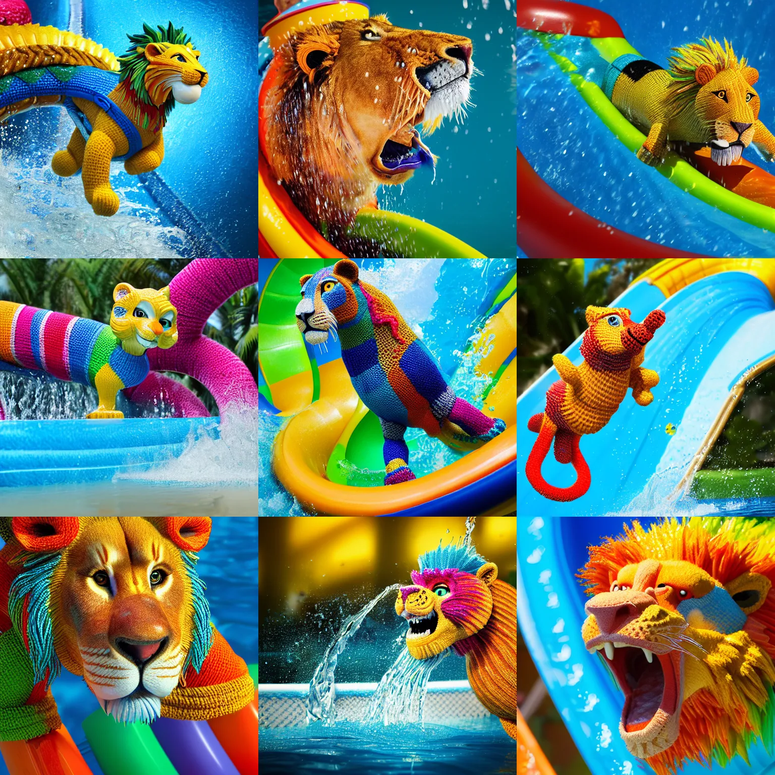 Prompt: a closeup photorealistic photograph of a colorful knitted barracuda themed lion riding down a water slide. splashing. professional capture. bright scene. this 4 k hd image is trending on artstation, featured on behance, well - rendered, extra crisp, features intricate detail, epic composition and the style of unreal engine.