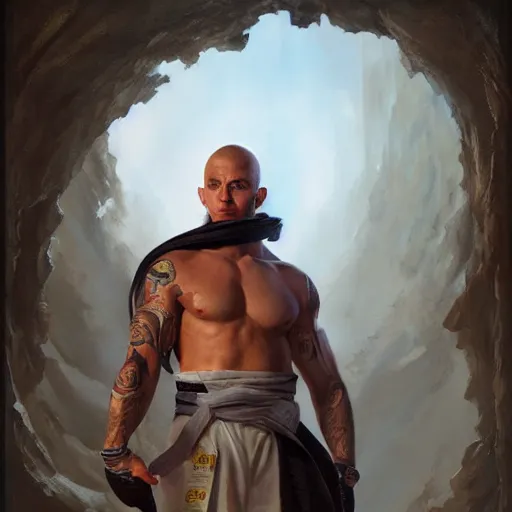 Prompt: A detailed matte oil on canvas painting of a white male martial artist monk, orchid arm tattoos by greg rutkowski and artgerm, trending on artstation, dungeons and dragons art