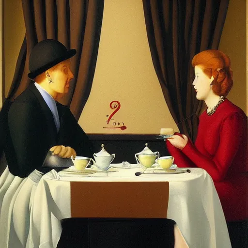 Image similar to the queen of england having tea and bisquits by Raphael, Hopper, and Rene Magritte. detailed, romantic, enchanting, trending on artstation.