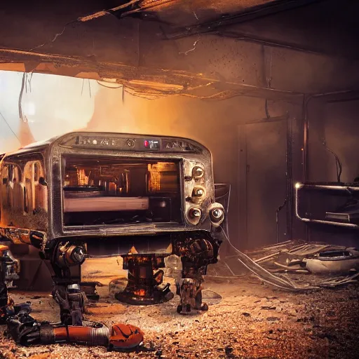 Image similar to head of toaster oven mecha, dark messy smoke - filled cluttered workshop, dark, dramatic lighting, orange tint, cinematic, highly detailed, sci - fi, futuristic, movie still