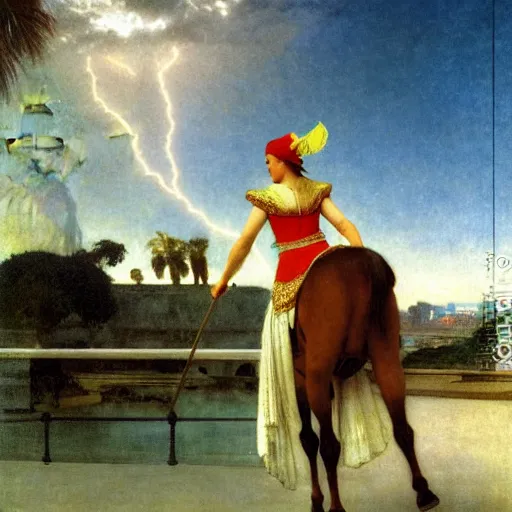 Image similar to Girl riding a horse leaving the palace through the bridge, thunderstorm, pool, beach and palm trees on the background major arcana sky, by paul delaroche, alphonse mucha and arnold böcklin arnold böcklin hyperrealistic 8k, very detailed