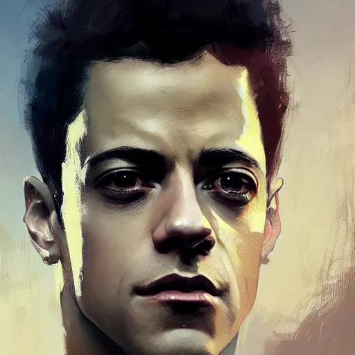 Image similar to “ portrait of rami malek by greg rutkowski, young, attractive, highly detailed portrait, scifi, digital painting, artstation, concept art, smooth, sharp foccus ilustration, artstation hq ”