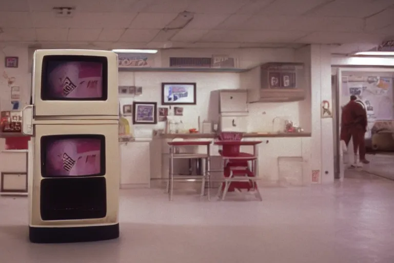 Prompt: an ice cream fridge in the middle of a neapolitan ice cream river, from 1 9 8 5, bathed in the glow of a crt television, crt screens in background, low - light photograph, scene from a ridley scott movie