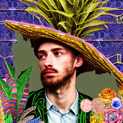 Prompt: HD 8x hyperdetailed illustrated collage of a man with a maximalist hyperrealistic huge hat made of mixed media jewel plants, reading an elaborate book. flamish baroque solarpunk elements. matte background in pastel tones.