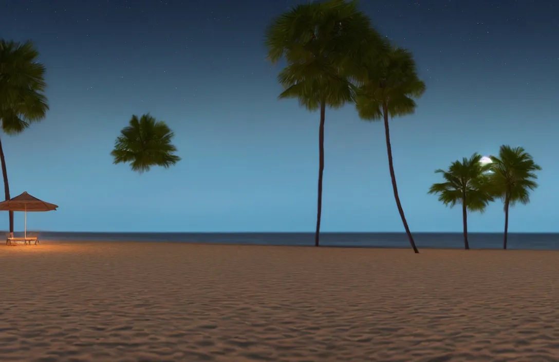 Image similar to on the beach by the sea, at night, unreal engine rendering