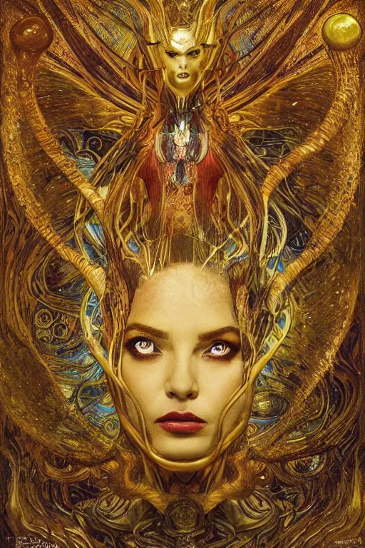 Prompt: Intermittent Chance of Chaos Muse by Karol Bak, Jean Deville, Gustav Klimt, and Vincent Van Gogh, trickster, enigma, Loki's Pet Project, destiny, Poe's Angel, Surreality, inspiration, well of imagination, inspiration, muse, otherworldly, fractal structures, arcane, ornate gilded medieval icon, third eye, spirals