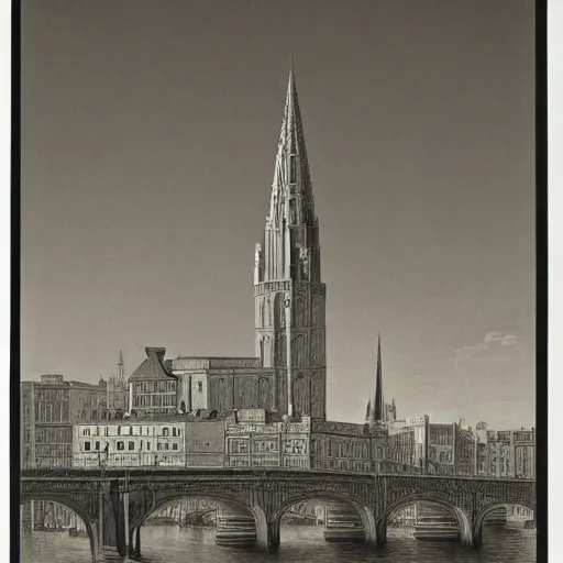 Image similar to a beautiful print of a cityscape with tall spires and delicate bridges. by george tice, by giovanni battista gaulli desaturated, ornate