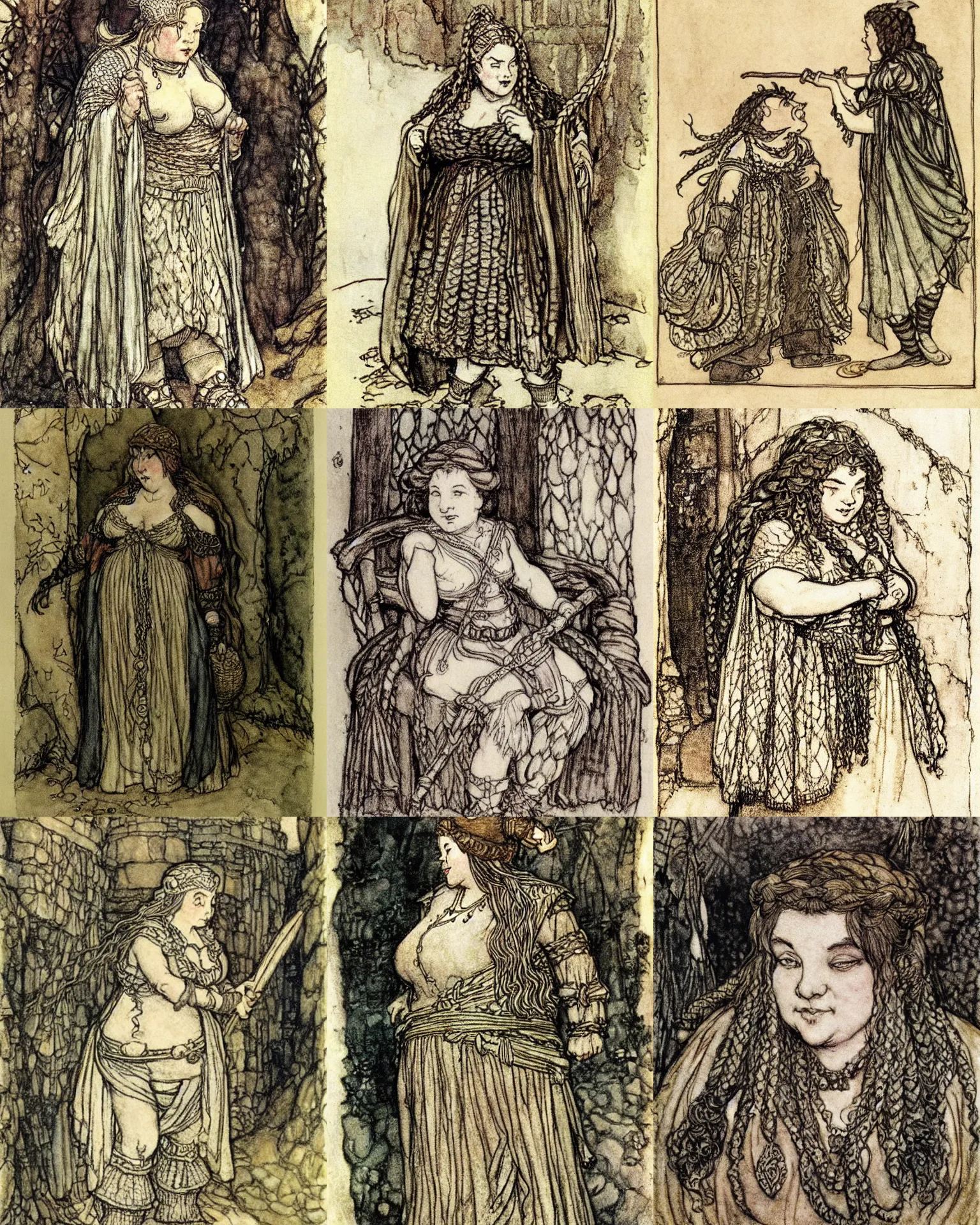 Prompt: female dwarven noblewoman, chubby short stature, braided intricate hair, by arthur rackham