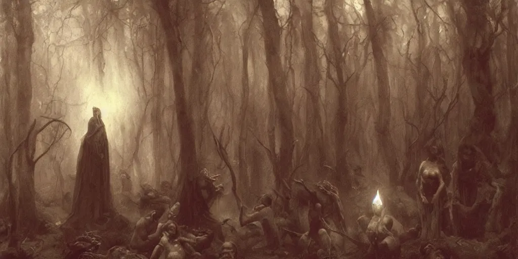 Image similar to occultist satanic cult of several people summoning a powerful demon in the woods, ominous atmosphere, art by artem demura, william bouguereau