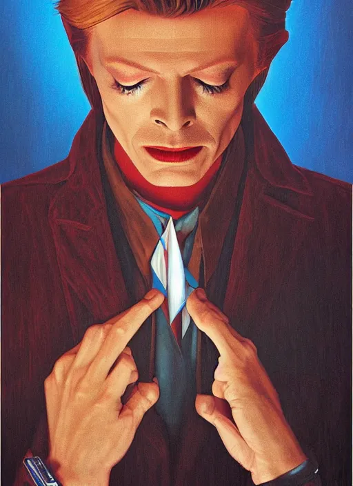 Prompt: twin peaks poster art, portrait of david bowie split by his dark side, by michael whelan, rossetti bouguereau, artgerm, retro, nostalgic, old fashioned