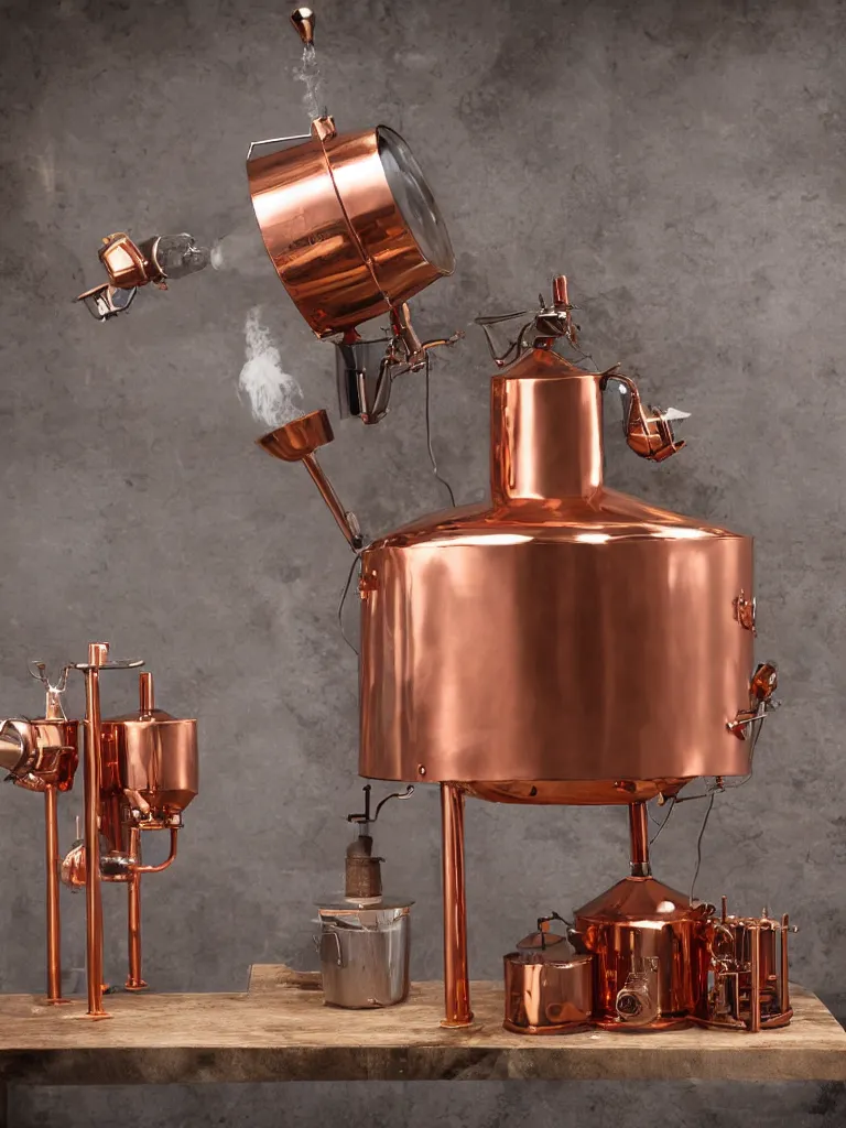 Image similar to microwave powered cognac distilling pot, copper metallic, electric, detailed, slightly steamy, commercial photo, 2 - point perspective, spot lighting