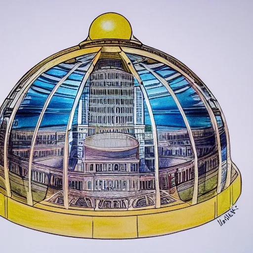 Image similar to Accurate and realistic representation of a city trapped inside a crystal clear dome. Harmonic colored disposition, expertly blended and shaded. HD. 8k. 4.k HQ. UHD . Colored pencils and color inks on two joined sheets of paper