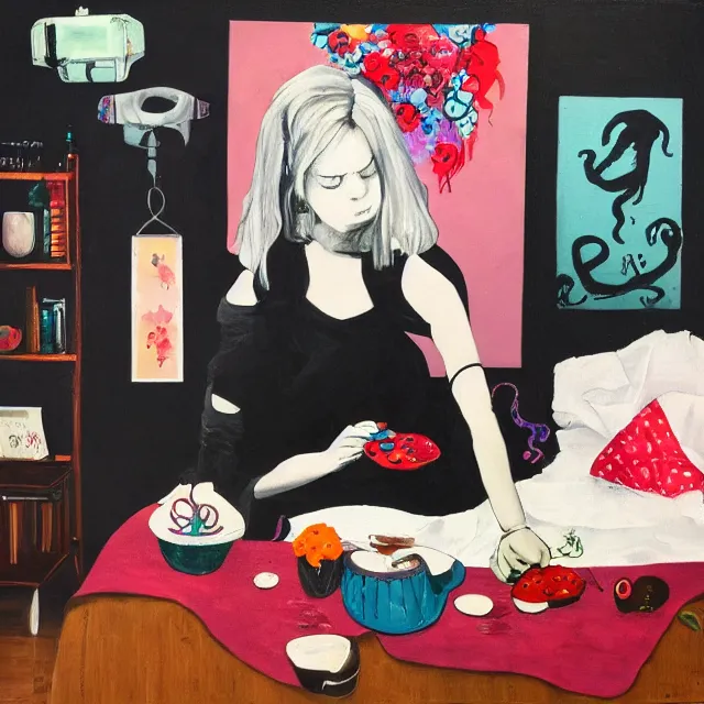 Image similar to a portrait in a female artist's bedroom, black walls, emo girl eating pancakes, sheet music, berries, surgical supplies, handmade pottery, flowers, sensual, octopus, neo - expressionism, surrealism, acrylic and spray paint and oilstick on canvas