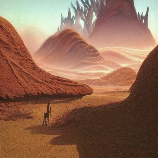 Image similar to finely detailed photorealistic exotic alien landscape by John Schoenherr and Jim Burns