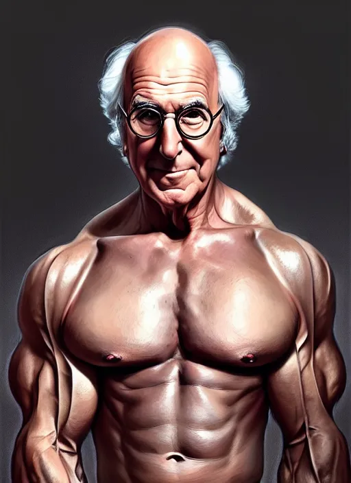 Image similar to portrait of larry david with synthol muscles, d & d, muscular! fantasy, intricate, elegant, highly detailed, digital painting, artstation, concept art, smooth, sharp focus, illustration, art by artgerm and greg rutkowski and alphonse mucha