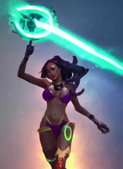 Prompt: senna from league of legends, au naturel, firing a giant weapon, with abs, brown skin, glowing green neon eyes, wearing white robe, digital art, trending in artstation, cinematic lighting, studio quality, smooth render, unreal engine 5 rendered, octane rendered, art style by klimt and nixeu and ian sprigger and wlop and krenz cushart