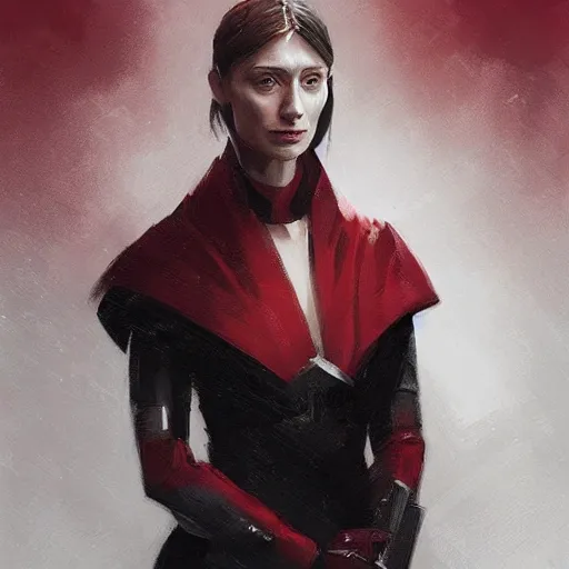 Image similar to portrait of a woman by greg rutkowski, she looks like elizabeth debicki, pale skin with black hair, she is wearing a red and black kevlar gear with a cape, highly detailed portrait, digital painting, artstation, concept art, smooth, sharp foccus ilustration, artstation hq