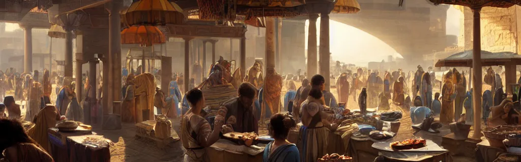 Image similar to a busy marketplace in ancient egypt. 8 k, epic cinematic hyperrealism masterpiece. realistic poster with shaded lighting by craig mallismo, artgerm, jeremy lipkin and michael garmash, unreal engine, radiant light, detailed and complex environment, digital art, art station trends, detailed, lens flare, motion blur