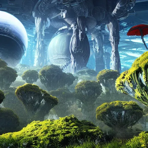 Image similar to lush organic alien skyline, flowers cryengine render by android jones, syd mead, and john stephens