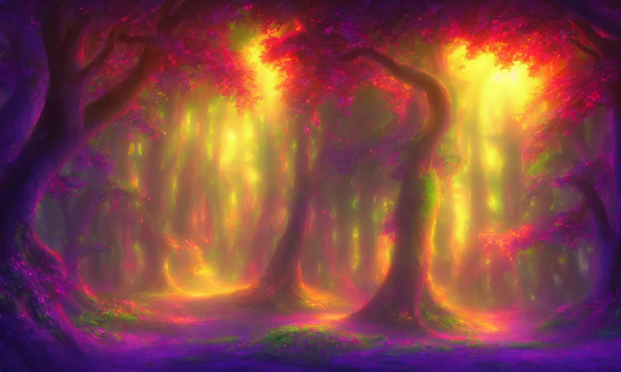 Image similar to enchanted magical forest on magical colorful fire , digital painting , digital art , artstation , devian art , 4k , HD