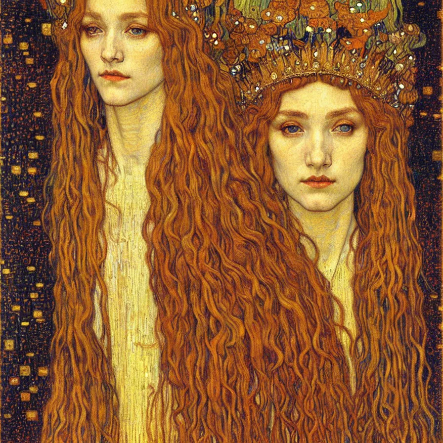 Image similar to detailed realistic beautiful young medieval queen face portrait by jean delville, gustav klimt and vincent van gogh, art nouveau, symbolist, visionary, gothic, pre - raphaelite, muted earthy colors, desaturated