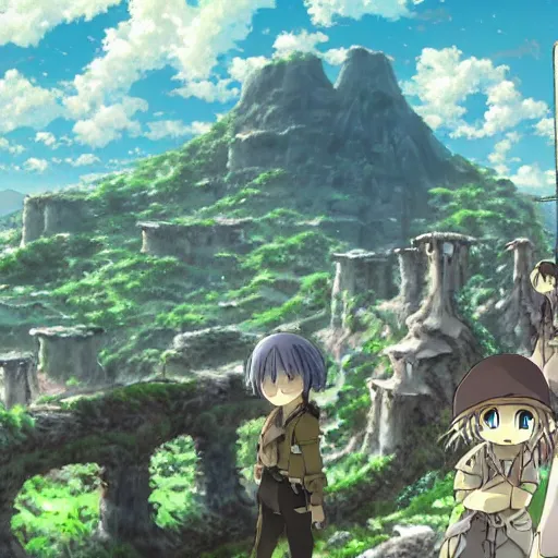 Image similar to made in abyss anime landscape art