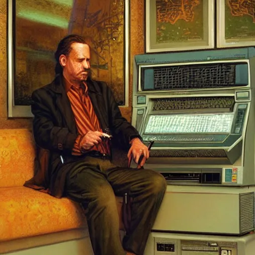 Image similar to man sitting in front of retro 80s computer smoking a cigarette, camera behind, art by Donato Giancola and James Gurney, digital art, trending on artstation