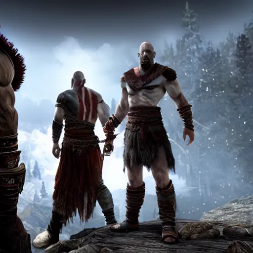 Prompt: screenshot of the game God of War with Kratos and Walter White standing next to eachother