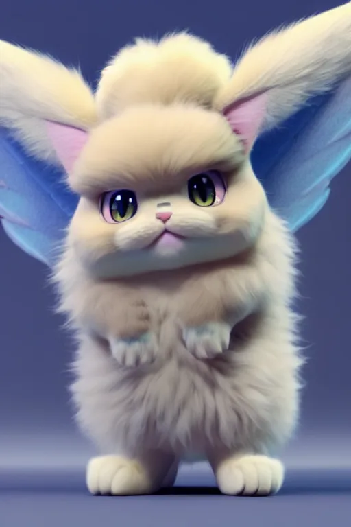 Prompt: high quality 3 d render hyperrealist very cute multipastel fluffy! grumpy chimera cat hybrid with detailed fluffy wings!!, vray smooth, in the style of detective pikachu, hannah yata charlie immer, dramatic blue light, low angle, uhd 8 k, sharp focus