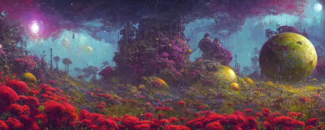 Prompt: ” outer planet overgrown with wild flowers, [ art by paul lehr, cinematic, detailed, epic, widescreen, opening, establishing, mattepainting, photorealistic, realistic textures, octane render ] ”