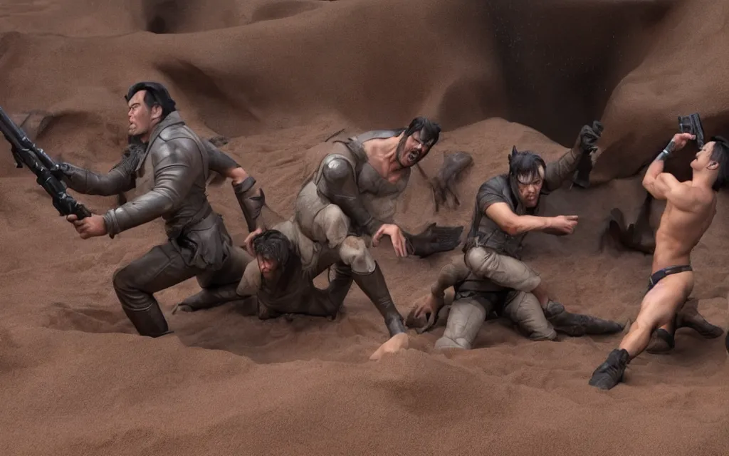 Prompt: wolfs and van darkholme playing in the sandbox photo screen form george lucas film