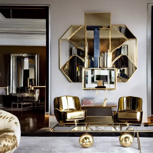 Prompt: mid century modern american life style living room interior by kelly wearstler, marble, black velvet, brass, mirror, glare, reflexes, animal skins, art, luxury, hyper realism, ultra detailed