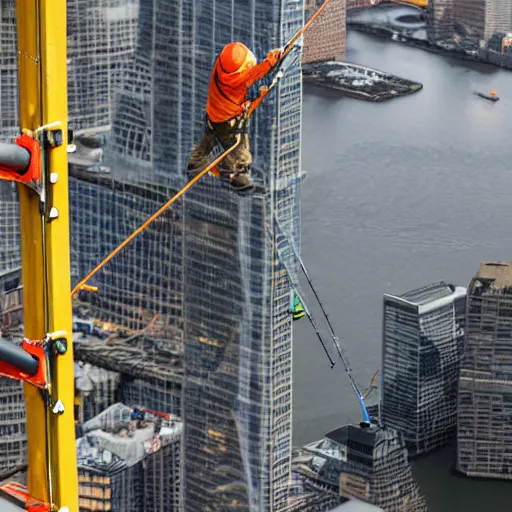 Image similar to closeup portrait of a construction worker with a fishing rod sitting on a metal beam high over new york city, photography