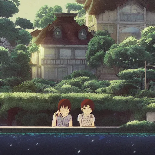 Image similar to childrens observing the evil mansion, water, by Dice Tsutsumi, Makoto Shinkai, Studio Ghibli