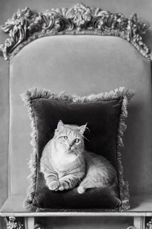 Image similar to a silver gelatin photo portrait of a royal cat, editorial photo from cat lovers magazine, outrageously fluffy, on an embroidered velvet cushion on a neo - rococo gilded little bed, photography, wide shot