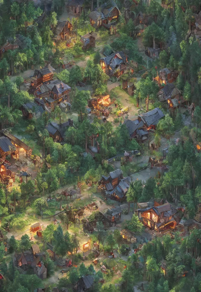 Prompt: a cabin town surrounded by forest, artstation, people, path, detailed, 4 k