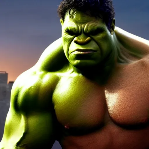 Image similar to Harvey Price as The Hulk, cinematic, photorealistic, movie still, 8k