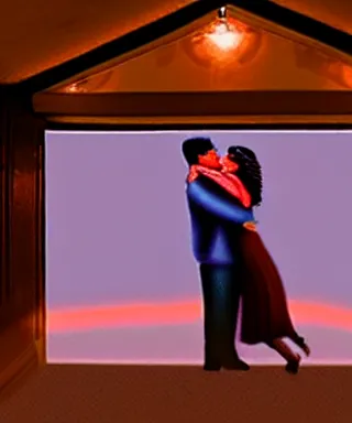 Image similar to a guy and a girl kissing, artwork by salman toor, cinematic light, atmospheric effects, oil on canvas