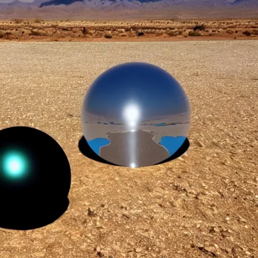 Image similar to reflective metal ball floating in the desert
