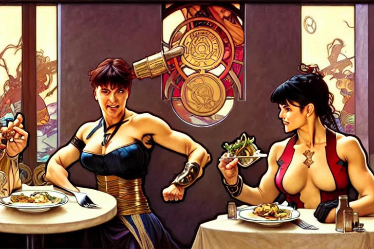 Prompt: xena warrior princess eating at a restaurant, with a hispanic man in a suit as her companion, art by artgerm and greg rutkowski and alphonse mucha