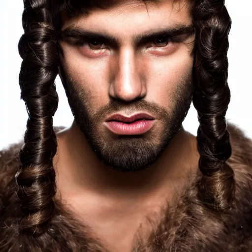 Prompt: a closeup photo of a male model with medieval haircut, 4 k, studio lighting, wide angle lens