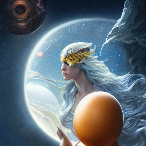 Image similar to a broken egg with the universe as the yolk pouring out, ultra realistic, concept art, intricate details, highly detailed, photorealistic, octane render, 8 k, unreal engine. art by artgerm and greg rutkowski and magali villeneuve and alphonse mucha