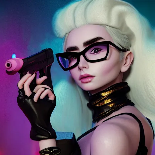 Prompt: beautiful + blonde + dragon queen + white hair + cool black glasses + holding pistol + tights + lily collins + black pink, floating under the deep dream water, beautiful smooth soft light + white petal, oil paint, cinematic lighting, octane render, unreal engine 5, closeup, 4 k, highly detailed, instagram,