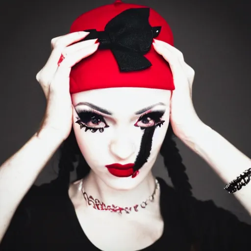 Image similar to portrait of a scene girl, emo outfit, black band t - shirt, red and black blocked blouse, white cap, makeup, jewelry