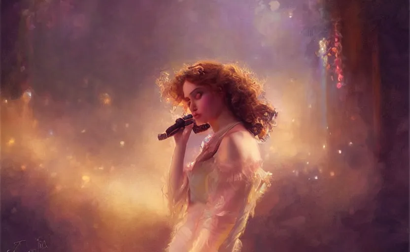 Image similar to rockstar girl on stage. by edward robert hughes, by konstantin razumov, by william - adolphe bouguerea, by artgerm, pixar, artstation trending, concept art, digital art, digital painting, dramatic lighting, sharp focus, highly detailed, vxf movie, cinematic